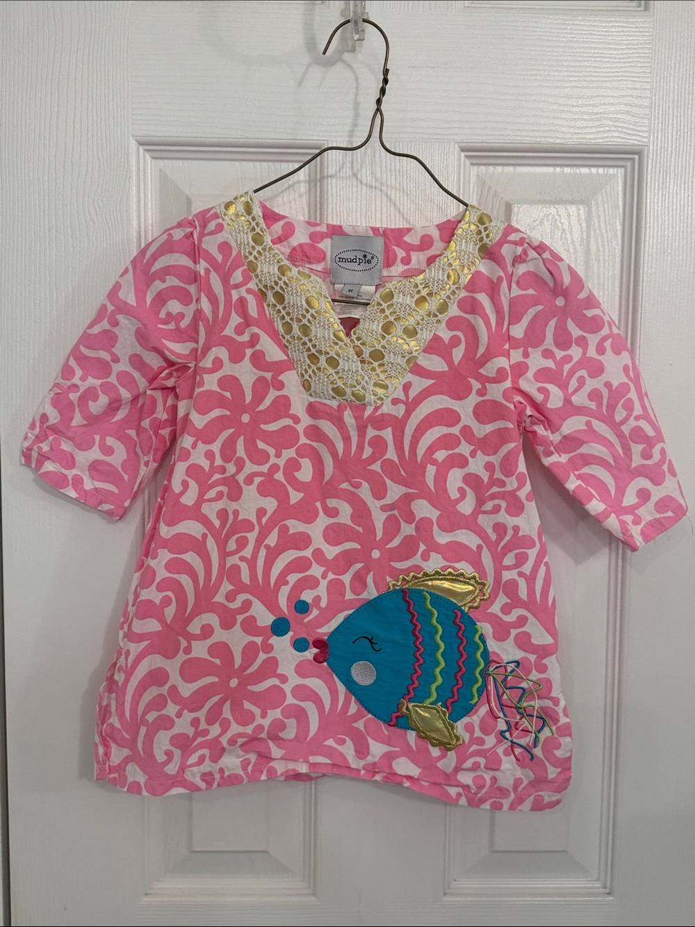 Mud Pie Pink Patterned Girls Tunic with Blue Fish Applique and Gold Trim